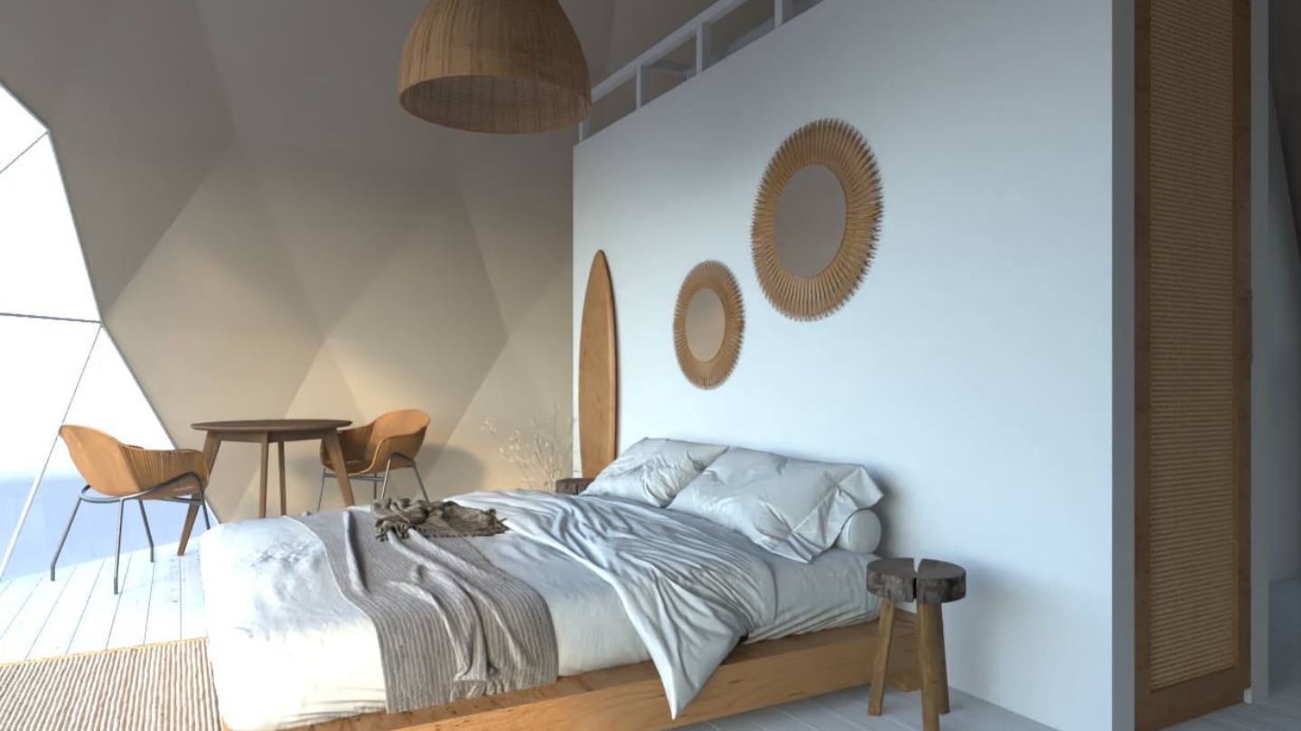 Warm insulated geodesic dome interior in winter