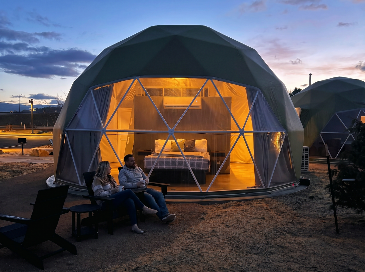 Harmony geodesic dome at The Nest showing full exterior size and scale